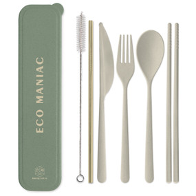 PORTABLE FLATWARE SET WITH GOLD STRAW - FOREST "ECO MANIAC", DPFW1003